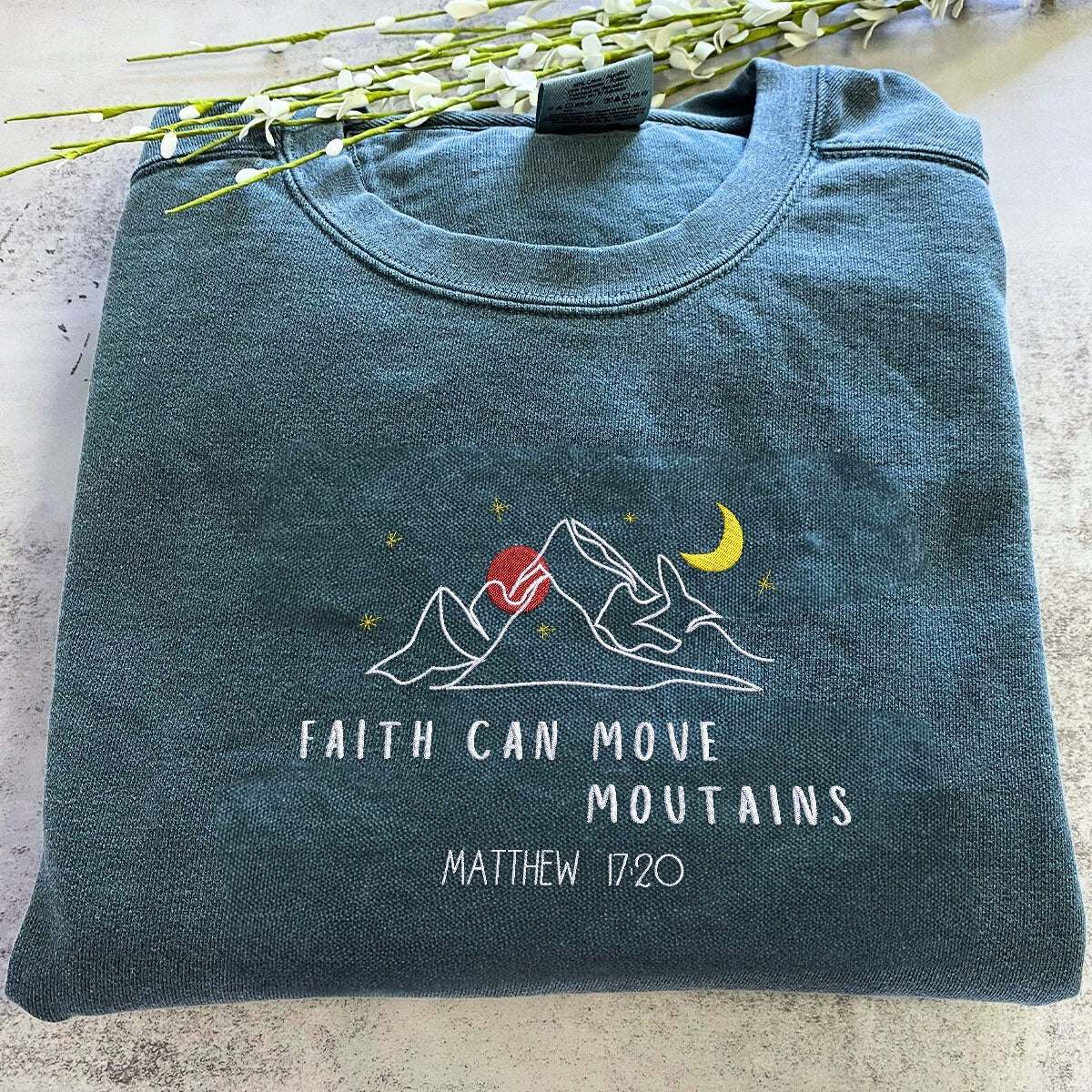 Embroidered Faith Can Move Mountains Sweatshirt, Jesus Embroidered Sweatshirt, Bible Verse Sweatshirt, GEMB09